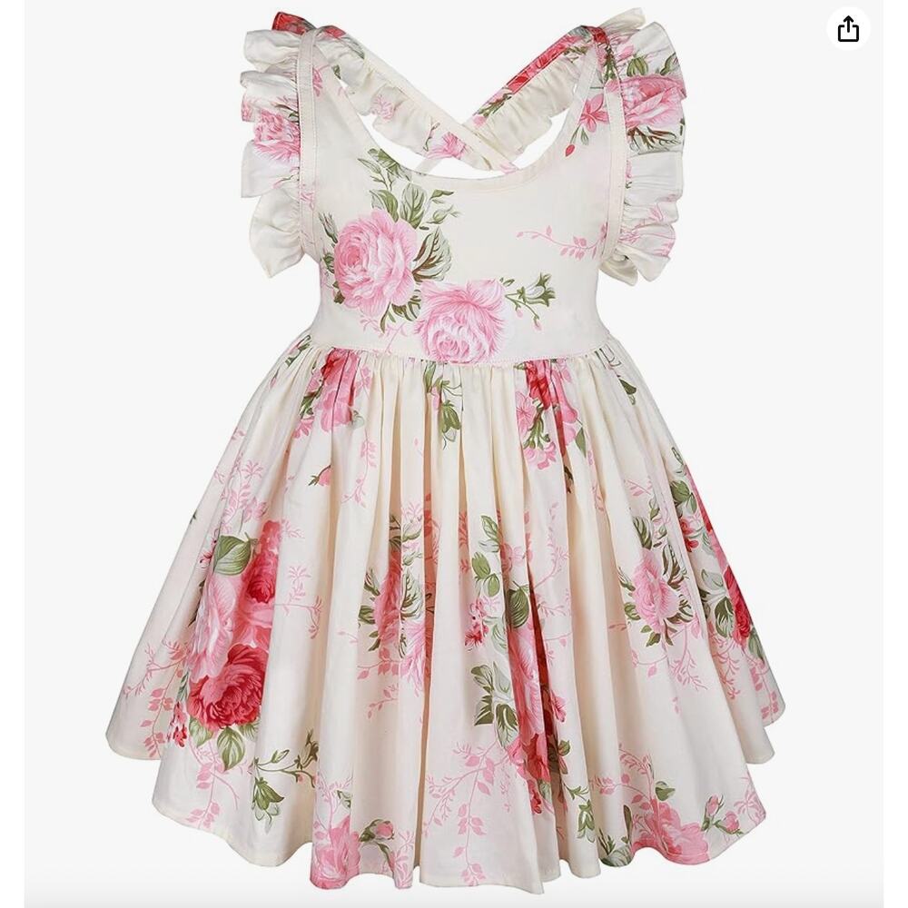 Girls Floral Cottagecore Ruffle Strap Tie Back‎ Dress Size 6